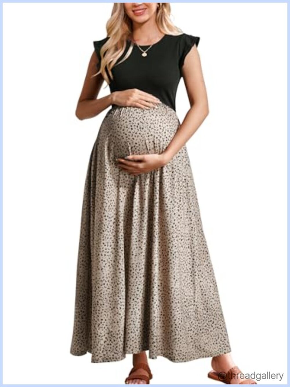 Maternity Maxi Dress Ruffle Sleeve Patchwork Pockets